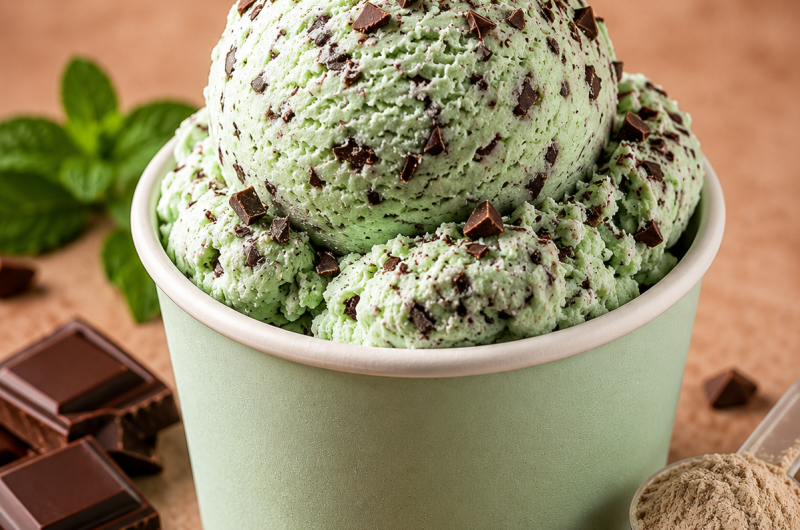 Receta de helado de menta y chocolate rico en proteínas para Ninja Creami y Ninja Swirl
